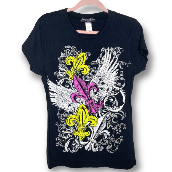 Appropriate Behavior 1X Black Multicolor Y2K Style Rock Rebel Fleur de Lis Tee - Picture 1 of 9